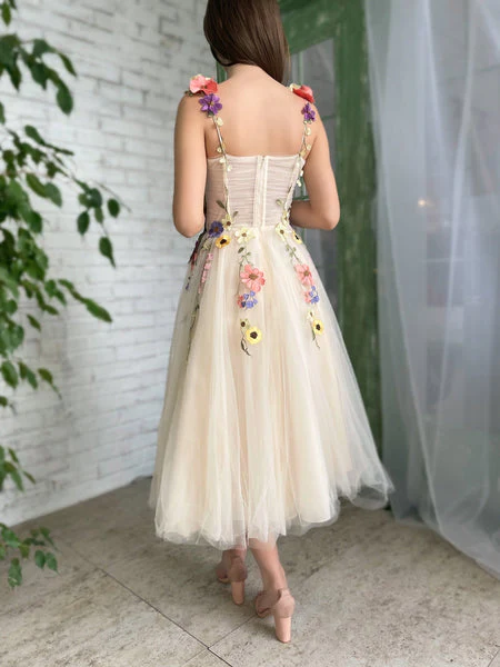 Tea Length Straps Homecoming Dress With Flower, Cocktail Dresses With 3D Flower