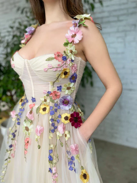 Tea Length Straps Homecoming Dress With Flower, Cocktail Dresses With 3D Flower