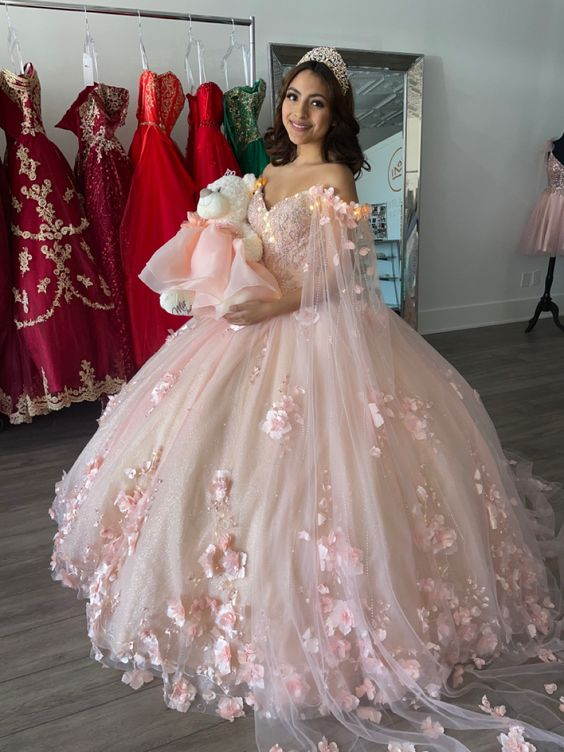 Pink Ball Gown With 3D Flowers Sweet 16 Dress Romantic Pink