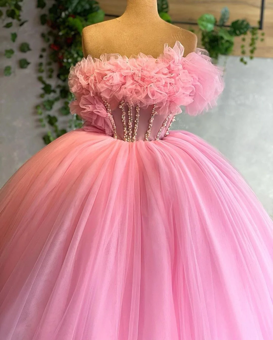 Tiered Ruffles Ball Gown Women Light Pink Tulle Party Dress Elegant Long Prom Dress Sweet 16 Dress
