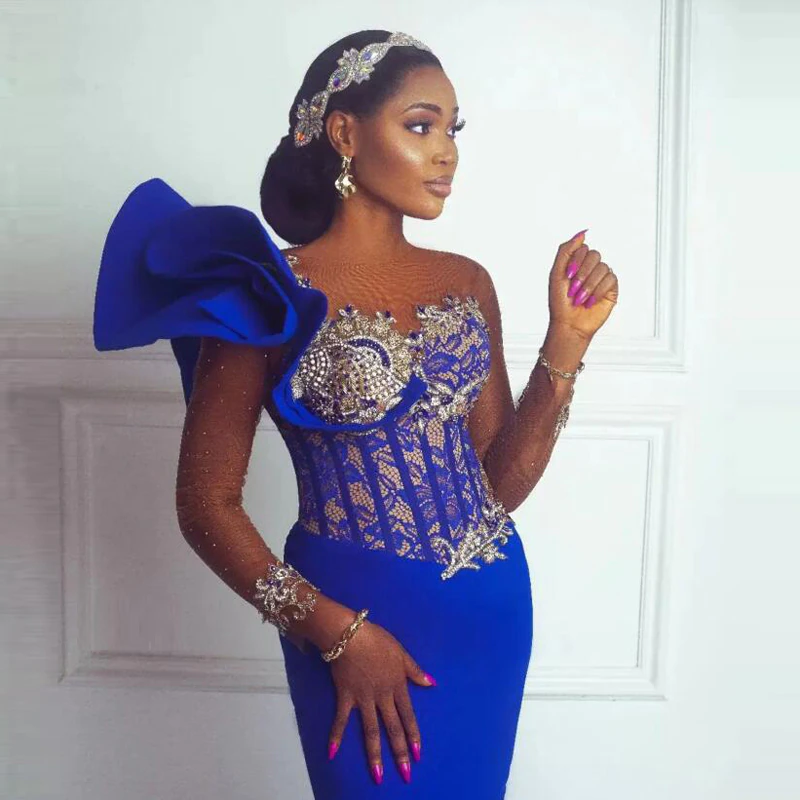 Royal Blue Mermaid Prom Dresses Sheer Neck Lace Beads Illusion Long Sleeves Evening Gowns For African Women Aso Ebi Party Dress