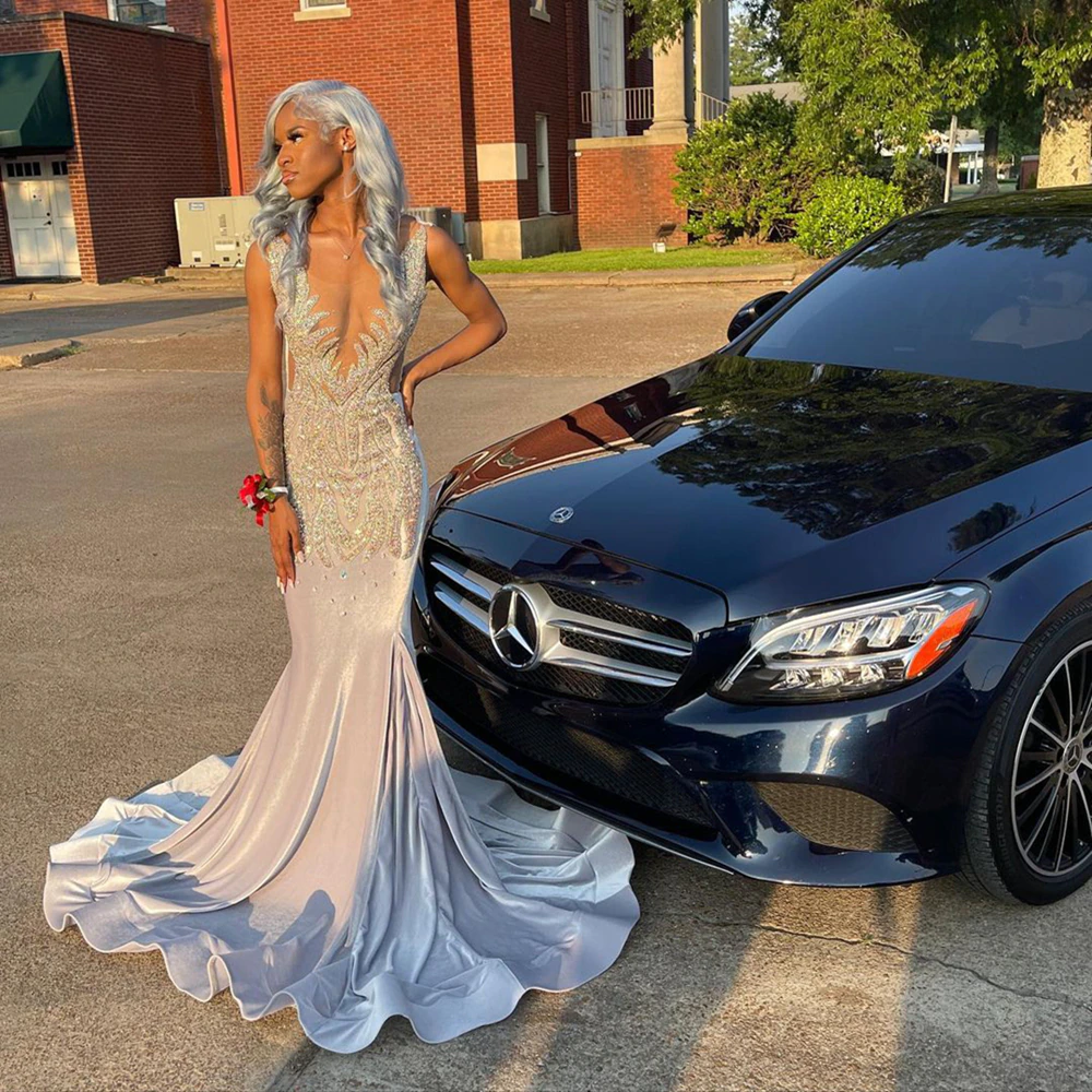 Long Prom Dresses Sexy Mermaid Style Luxury Beaded Diamond Black Girl Silver Prom Party Formal Gowns