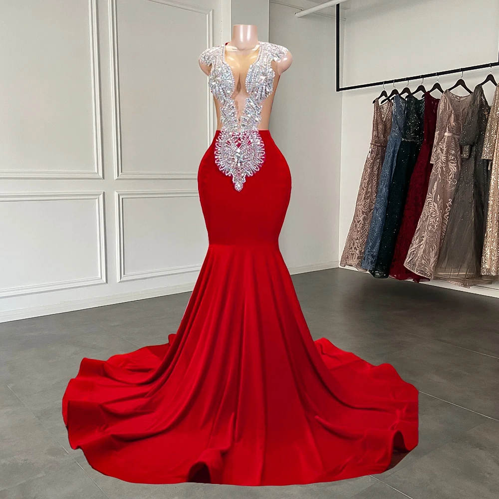 Elegant Sheer Scoop Neckline Luxury Sparkly Silver Handmade Diamond Red Spandex Black Girl Mermaid Long Prom Dresses