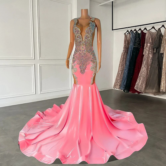 Luxury Long Prom Dresses Sheer Mesh Sparkly Beaded Diamond Women Mermaid Style Back Girls Pink Prom Gala Formal Gowns