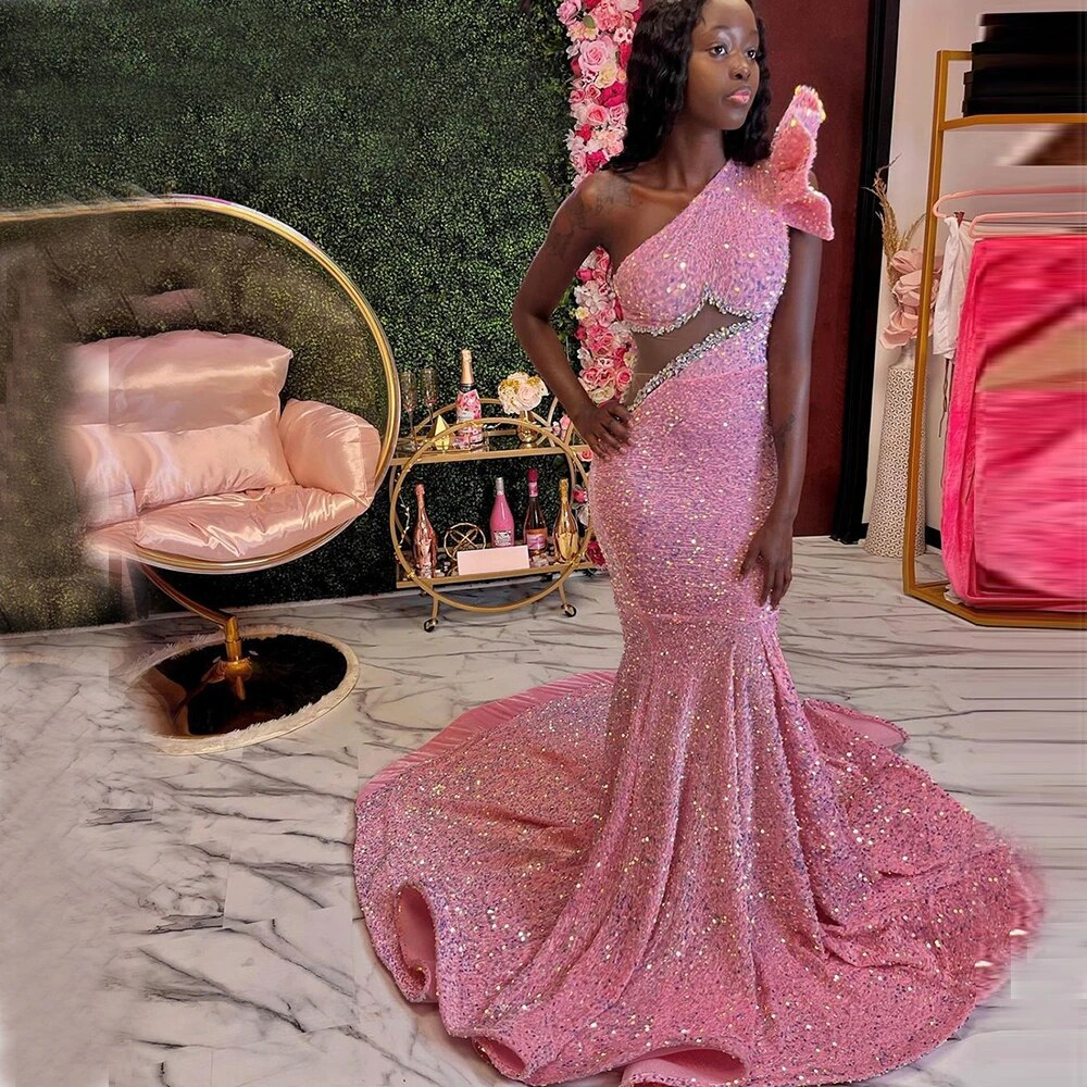 Pink Beaded Sequins Evening Dress One Shoulder Sleeve Celebrity