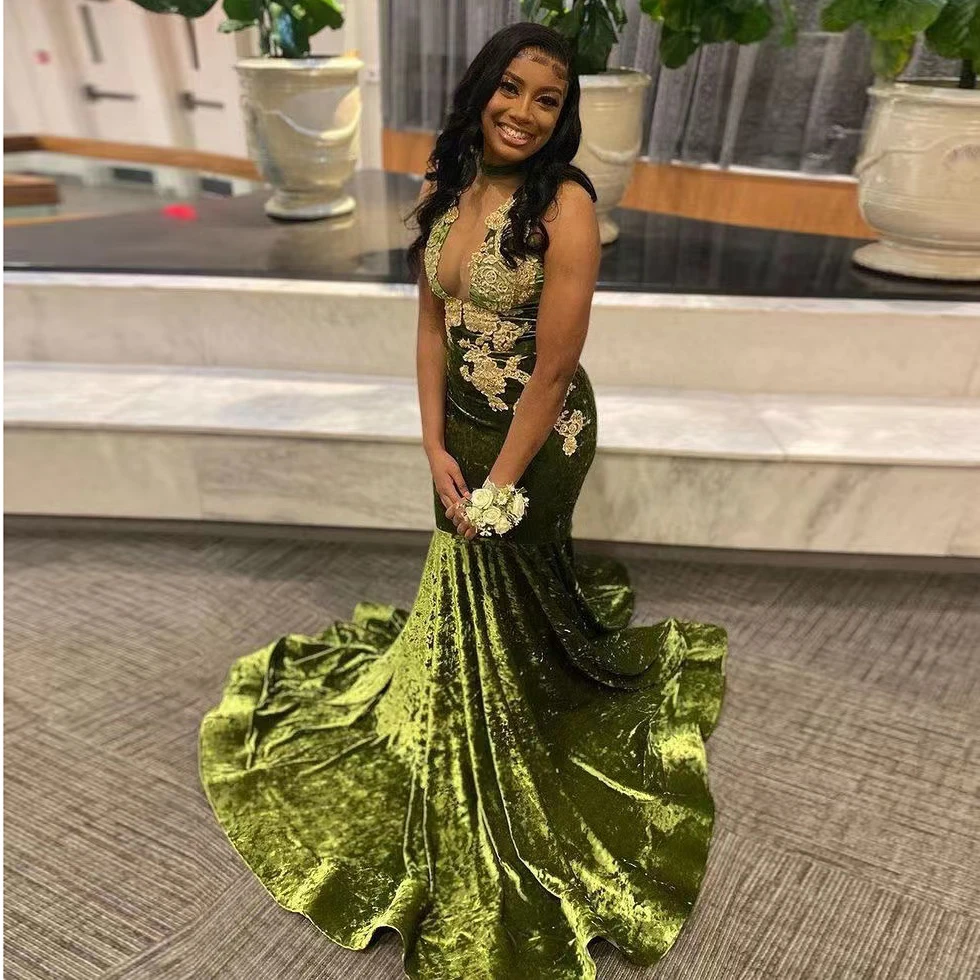 African Prom Dress For Black Girl Velvet Appliques Deep V Neck Sexy Me