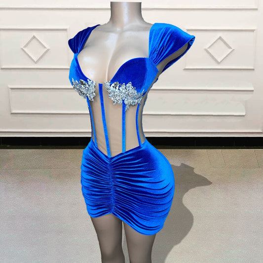 Custom Made Velvet Short Prom Dresses for Birthday Party Sexy See Through Beaded Crystal Blue Mini Cocktail Gowns
