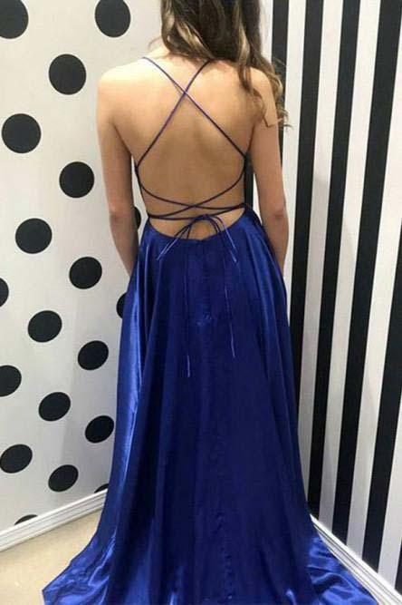 Royal Blue Spaghetti Strap A Line Prom Dress Sexy Long Split Party Dresses