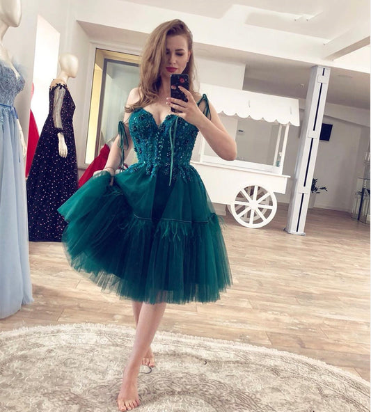 Green tulle lace short prom dress