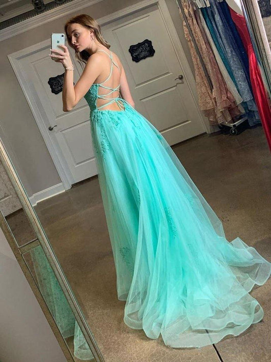 Spaghetti Long A-line Lace Tulle Prom Dresses,Side Slit Prom Dresses,Long Prom Dresses