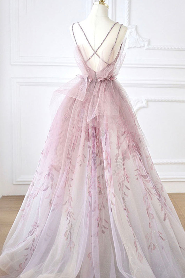 Pink tulle beads long prom dress A line evening dress