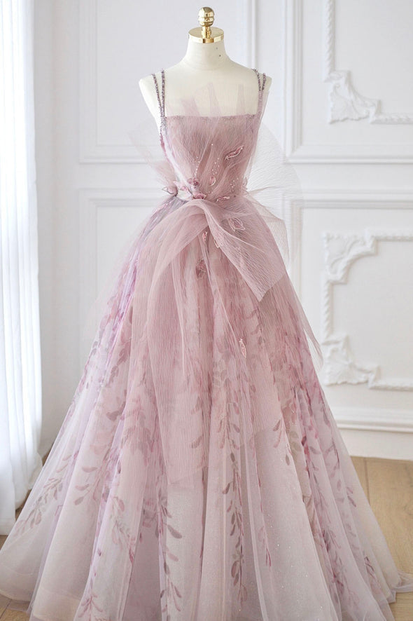 Pink tulle beads long prom dress A line evening dress