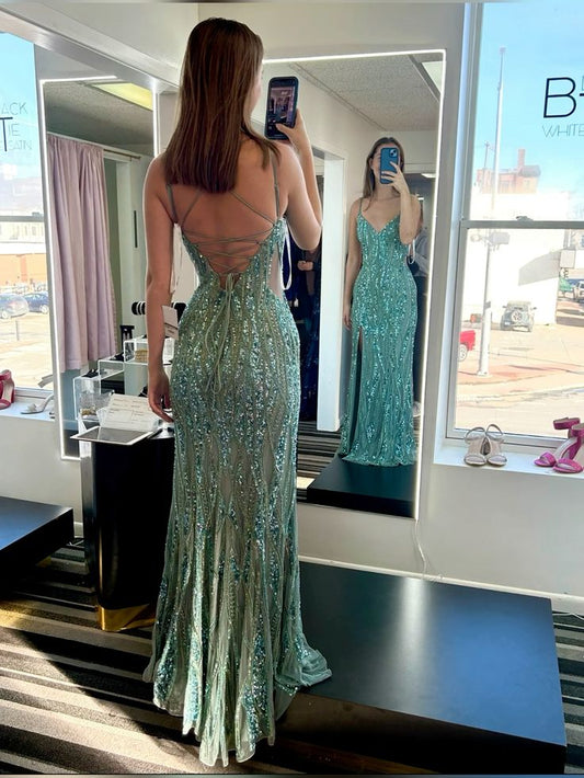 Green Sequin Mermaid Prom Dresses Long Evening Party Dress