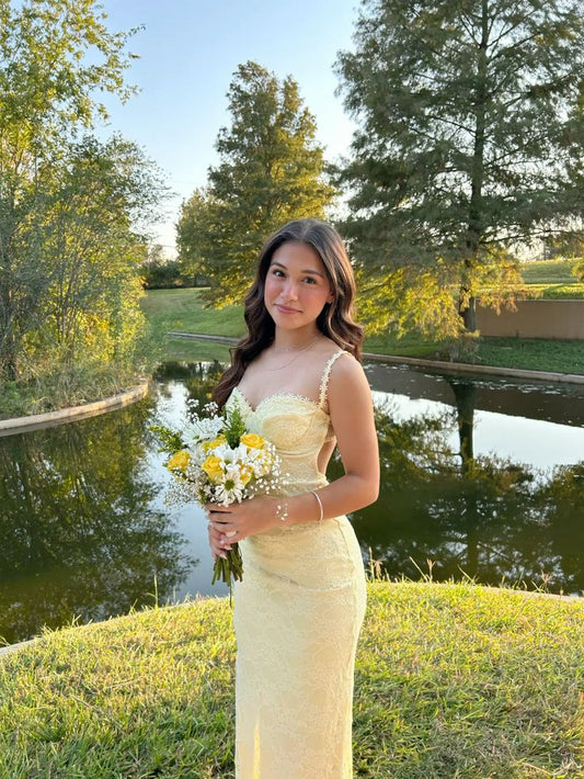Pastel Yellow Prom Dress, Elegant Lace Evening Dress