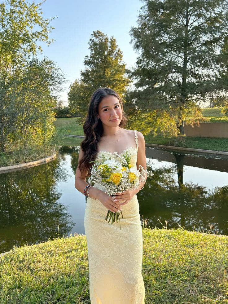 Pastel Yellow Prom Dress, Elegant Lace Evening Dress