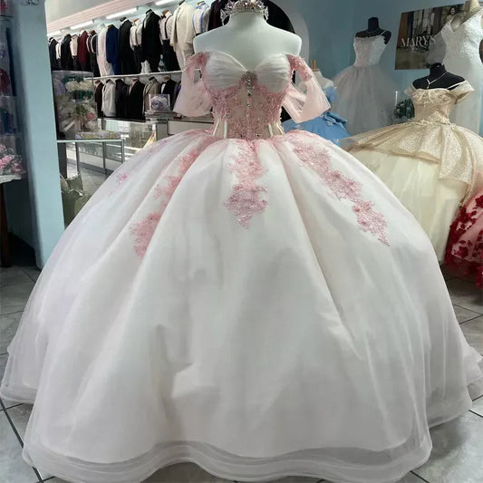 Pink Lace Quinceanera Dress Ball Gown Applique Lace Tulle Party Sweet 16 Dress