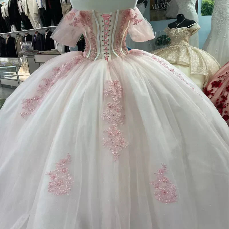 Pink Lace Quinceanera Dress Ball Gown Applique Lace Tulle Party Sweet 16 Dress