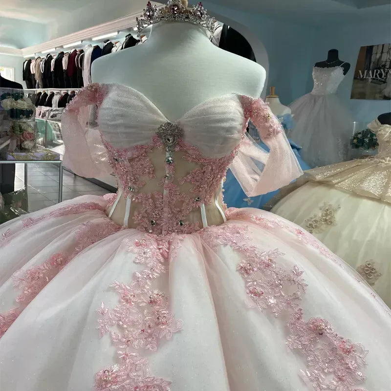 Pink Lace Quinceanera Dress Ball Gown Applique Lace Tulle Party Sweet 16 Dress
