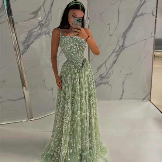 Elegant Sage Green Luxury Arabic Evening Dress for Women Wedding Party Spaghetti Straps 2025 New