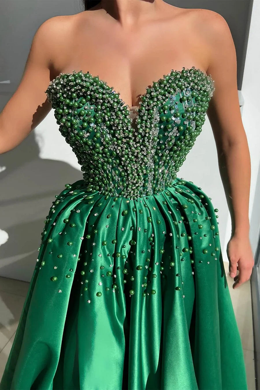Emerald Green Sweetheart Sleeveless A-Line Prom Party Dress With Split Beads Pearls