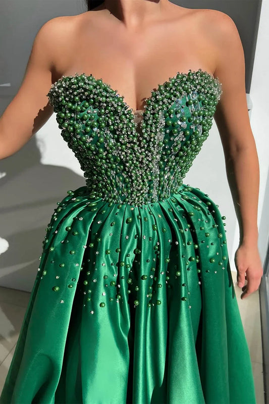 Emerald Green Sweetheart Sleeveless A-Line Prom Party Dress With Split Beads Pearls