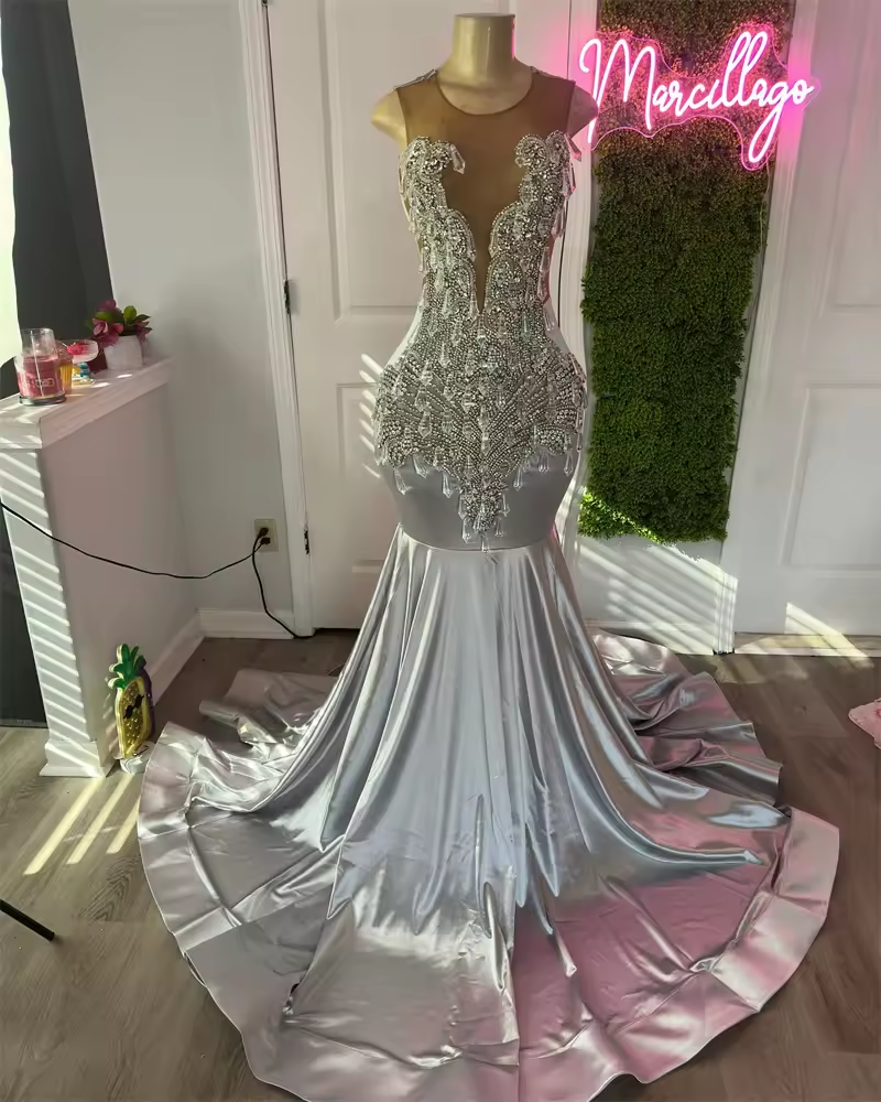 Glitter Silver Diamonds Mermaid Prom Dress For Black Girls Bead Crystal Gems Wedding Birthday Party Dress Customized