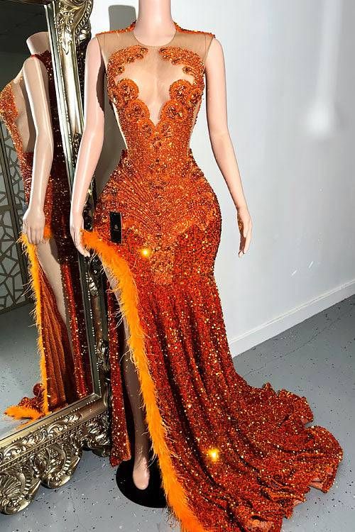 Sparkly Crystals Mermaid Long Prom Bead Diamonds Feathers Orange Birthday PartyGown For Black Girls Customized
