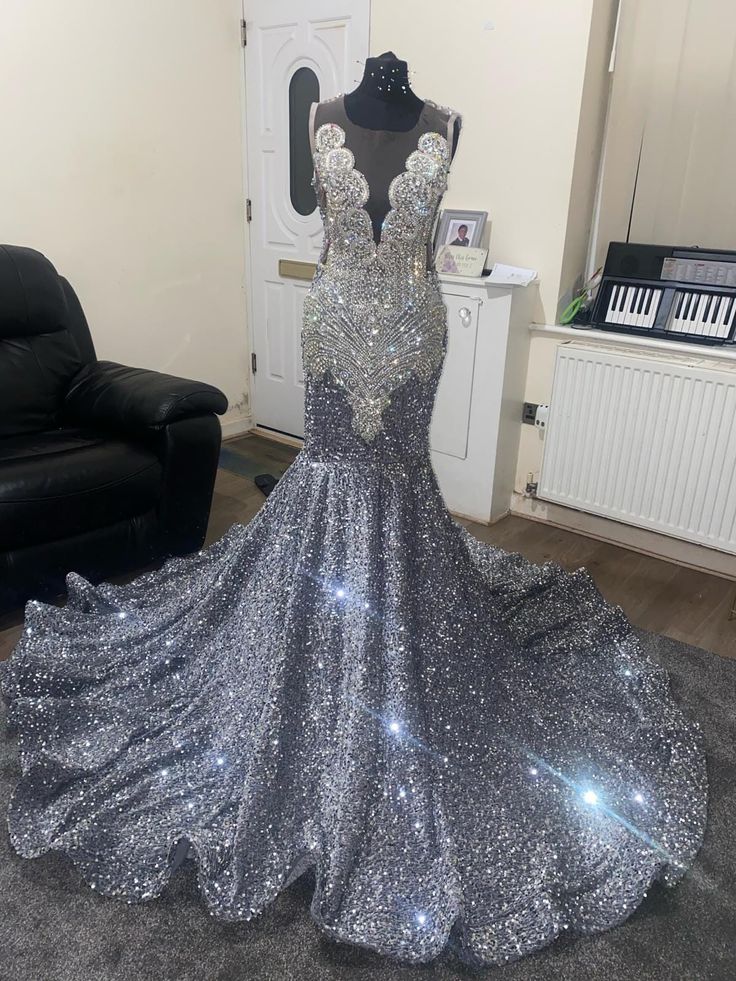 Gray Prom dress, Sequence floor length Mermaid dress, prom dress