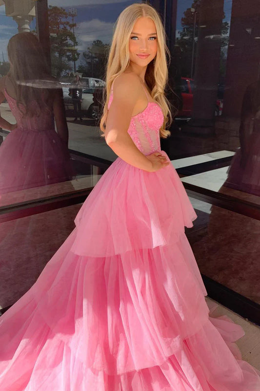 Cute Pink Tiered Tulle Long Prom Dress