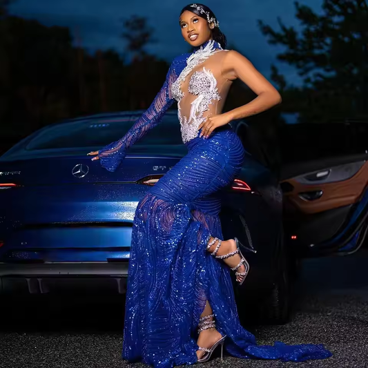 Blue Glitter Beaded Long Prom Dresses For Black Girls Sexy Sheer One Shoulder Mermaid Birthday Party Evening Gown Customized