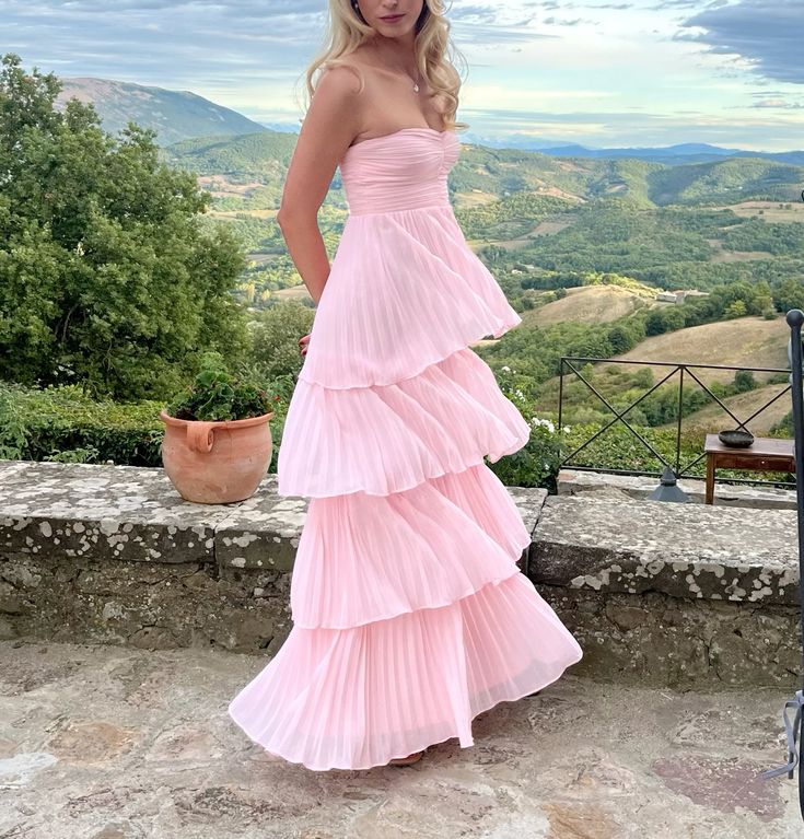 Cream Yellow/Light Pink/Green Fashion Elegant Strapless Long Chiffon Layered Ball Gown Evening Dress Wedding Bridesmaid Party Dress Prom Dress