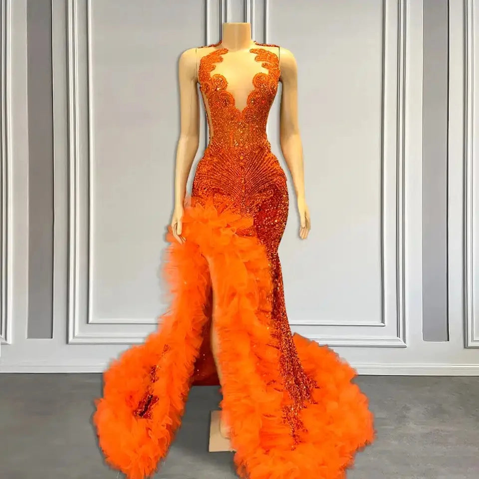 Orange Mermaid Sleeveless Prom Dress Side Slit With Tulle Beadings