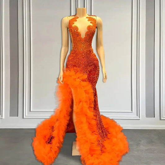 Orange Mermaid Sleeveless Prom Dress Side Slit With Tulle Beadings
