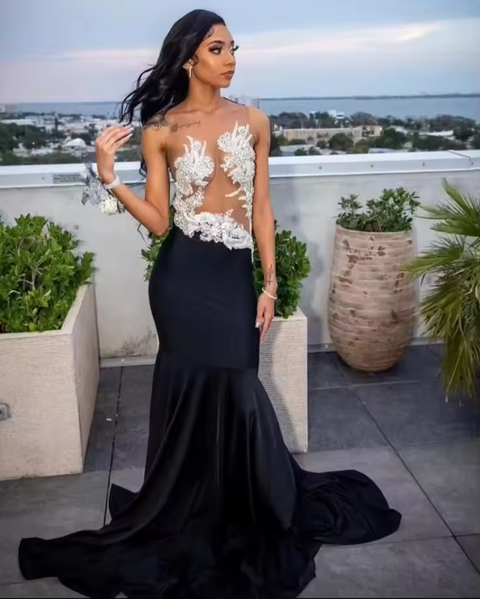 2025 Luxury Black Mermaid Long Evening Dress for Women Applique Crystyal Sheer Mesh Customized Formal Prom Gowns
