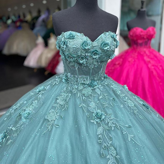 Hunter Green 3D Flowers Crystal Quinceanera Dresses Ball Gown Sweetheart Appliques Lace Sweet 15 Vestidos De XV Años