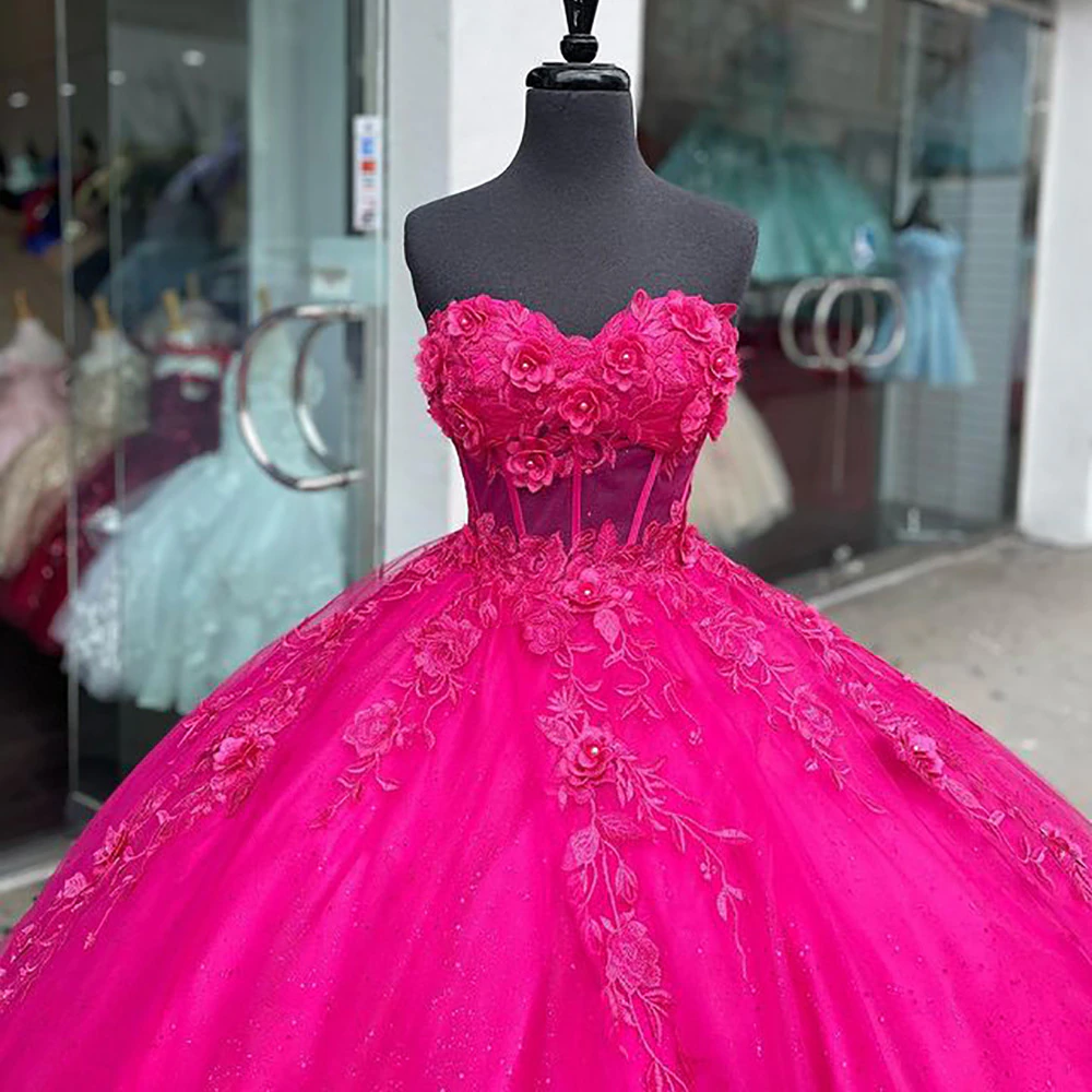 Hunter Green 3D Flowers Crystal Quinceanera Dresses Ball Gown Sweetheart Appliques Lace Sweet 15 Vestidos De XV Años