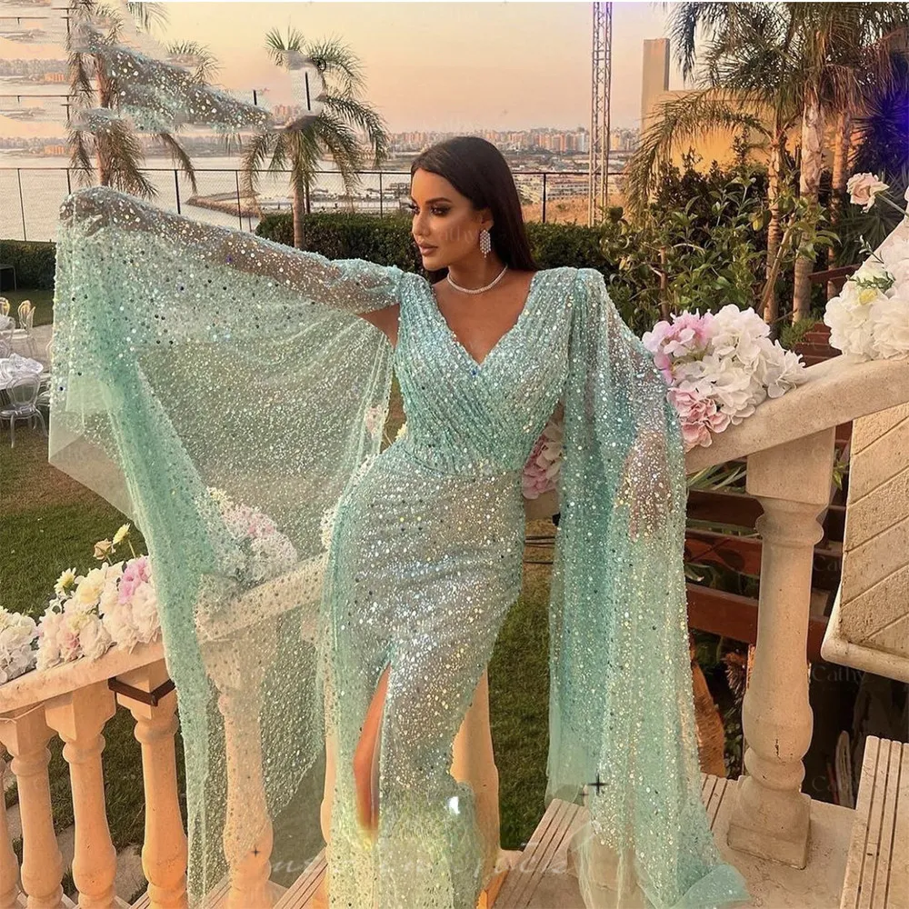 Glitter Sequins Prom Dress With Shawl Mermaid Party Dresses Sexy High Split Trumpet Prom Dresses
