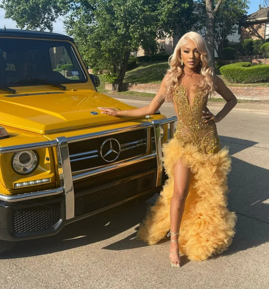 Sexy Sparkly Gold Diamonds Mermaid Prom Dress Sheer Glitter Rhinestones Beads Ruffles Party Dress Formal Gown