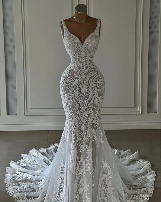 Elegant Lace Mermaid Wedding Dresses V Neck Lace Appliqued Boho Country Bridal Party Gowns