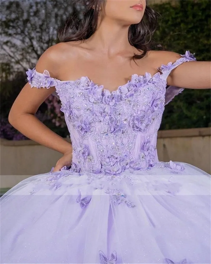 Lilac Princess Ball Gown Quinceanera Dresses Off Shoulder Butterfly Appliques Crystal