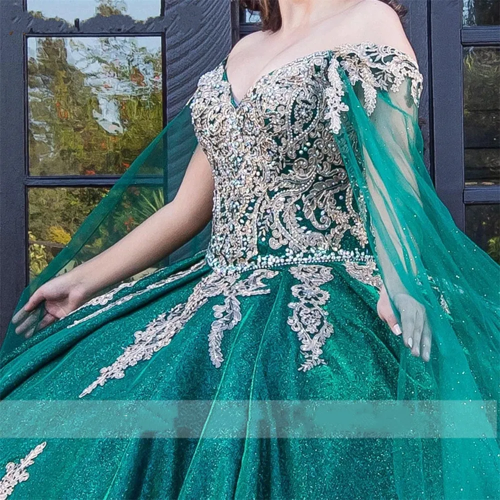 Hunter Green Off The Shoulder Quinceanera Dresses Appliques Birthday Party Gowns With Cape Pageant Graduation Sweet 16