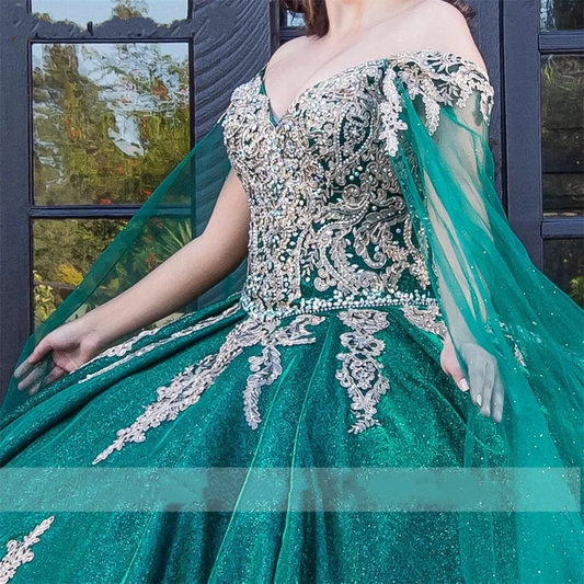 Hunter Green Off The Shoulder Quinceanera Dresses Appliques Birthday Party Gowns With Cape Pageant Graduation Sweet 16