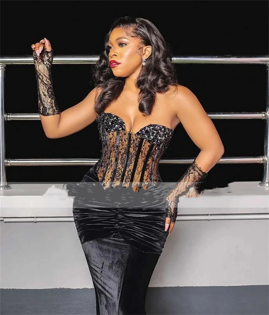 Black Velvet Mermaid Evening Dresses African Formal Gowns Sweetheart Prom Dress Beaded Elegant