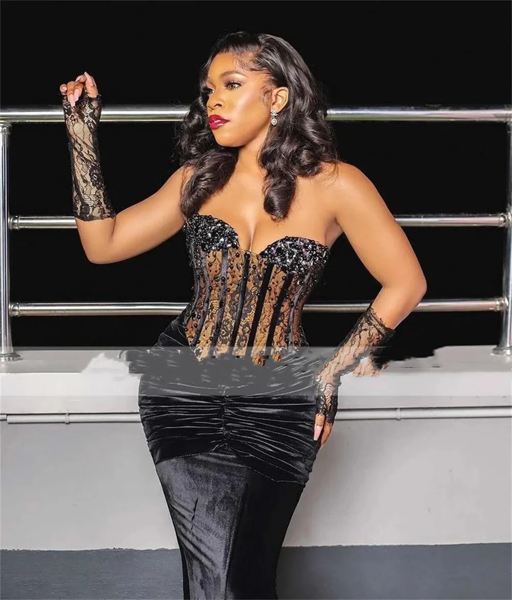 Black Velvet Mermaid Evening Dresses African Formal Gowns Sweetheart Prom Dress Beaded Elegant