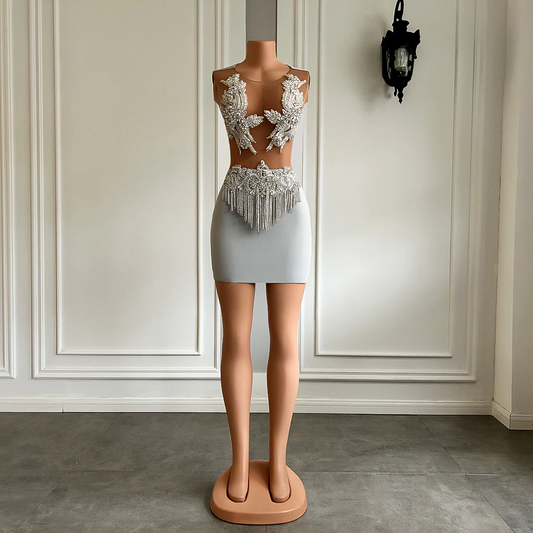 Sheer Mesh Birthday Party Formal Gowns Sparkly Silver Diamond Spandex Mini Black Girls Short Prom Dresses