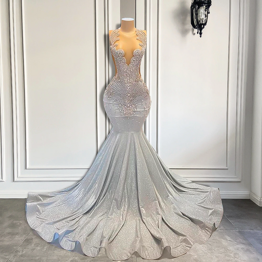 Women Silver Long Mermaid Prom Dresses Sexy Sheer Mesh Luxury Sparkly Handmade Diamond Black Girl Prom Formal Gala Gowns