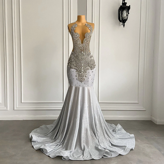 Women Silver Long Mermaid Prom Dresses Sexy Sheer Mesh Luxury Sparkly Handmade Diamond Black Girl Prom Formal Gala Gowns