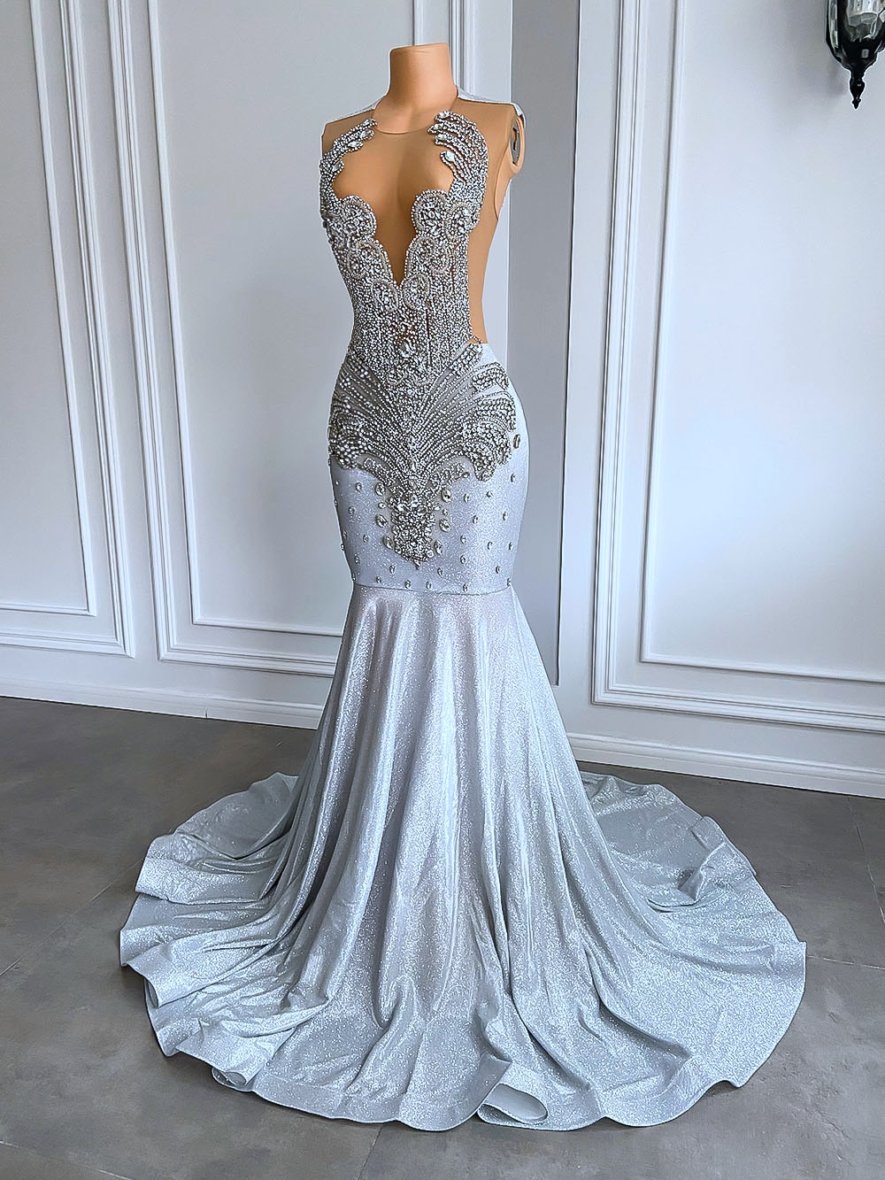 Women Silver Long Mermaid Prom Dresses Sexy Sheer Mesh Luxury Sparkly Handmade Diamond Black Girl Prom Formal Gala Gowns