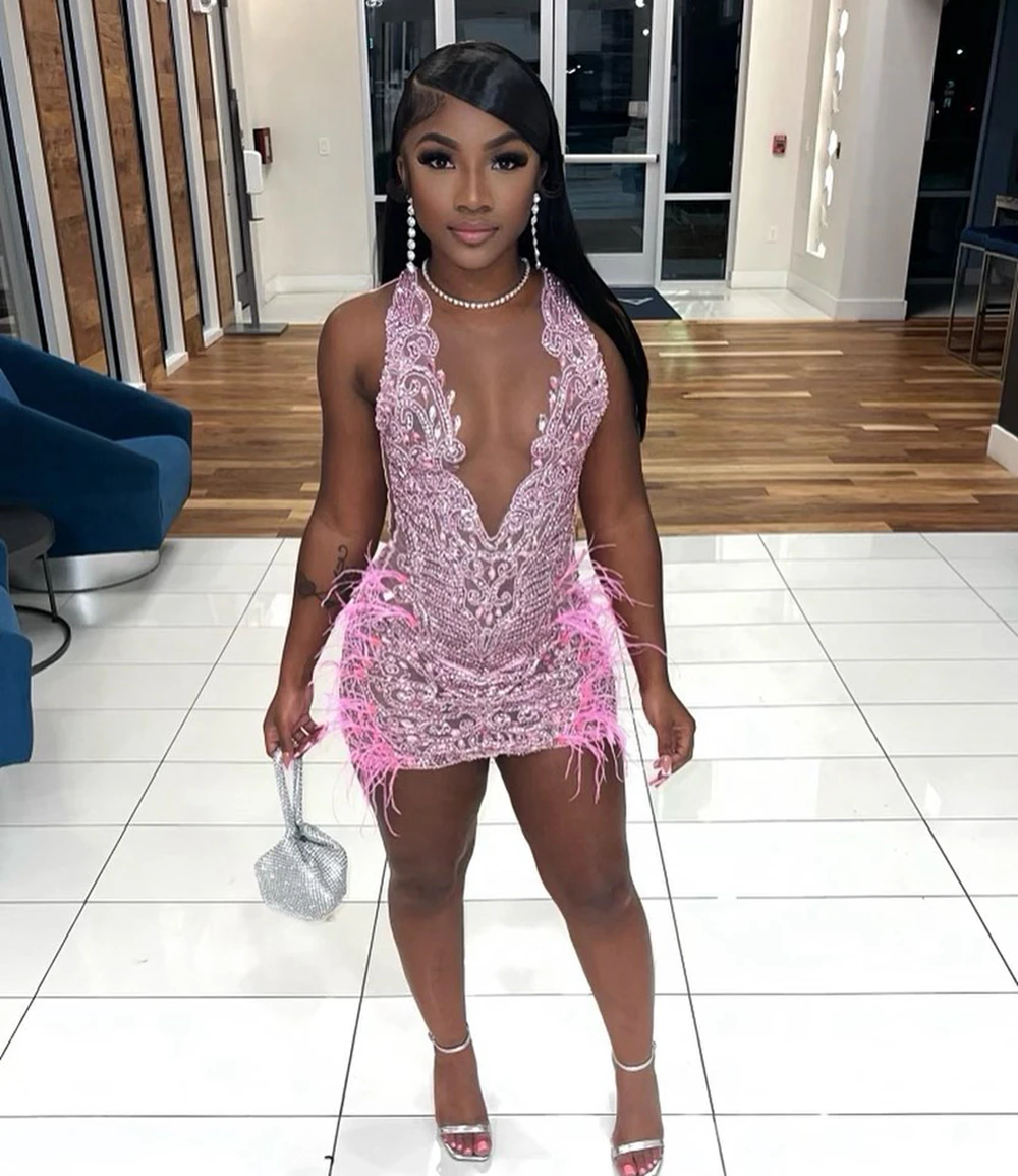 Sexy See Through Women Cocktail Gowns Pink Party Rhinestone