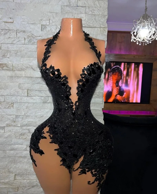 Elegant Black Lace Prom Dresses For Little Girl High Neck Beaded Short Cocktail Gowns